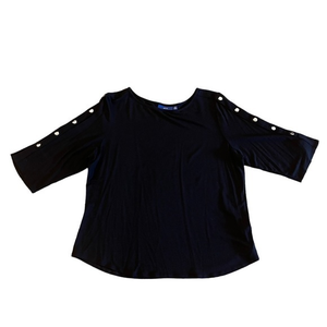 PXL APT 9 3/4 sleeve stretch shirt slit sleeves scoop hem button snap arm detail
